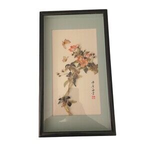 Vintage Chinese framed painted shell wall art floral butterflies chinoiserie